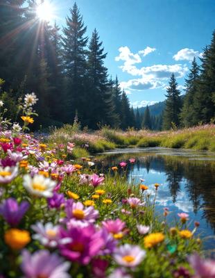 The primary subject of the image is a beautiful field filled with a variety of flowers, including pink and yellow ones. The setting is a lush green forest, with trees surrounding the field. The visual style of the image is a photo, capturing the vibrant colors and natural beauty of the flowers and the forest. The dominant colors in the image are pink, yellow, and green, creating a warm and inviting atmosphere.